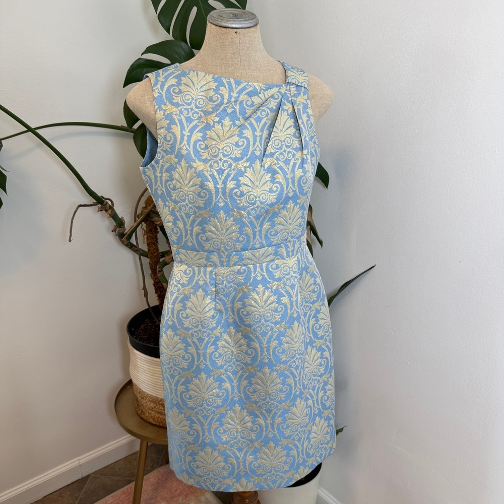 Tahari Arthur S Levine Dress Women 8 Blue Gold Metallic Damask Brocade Sheath